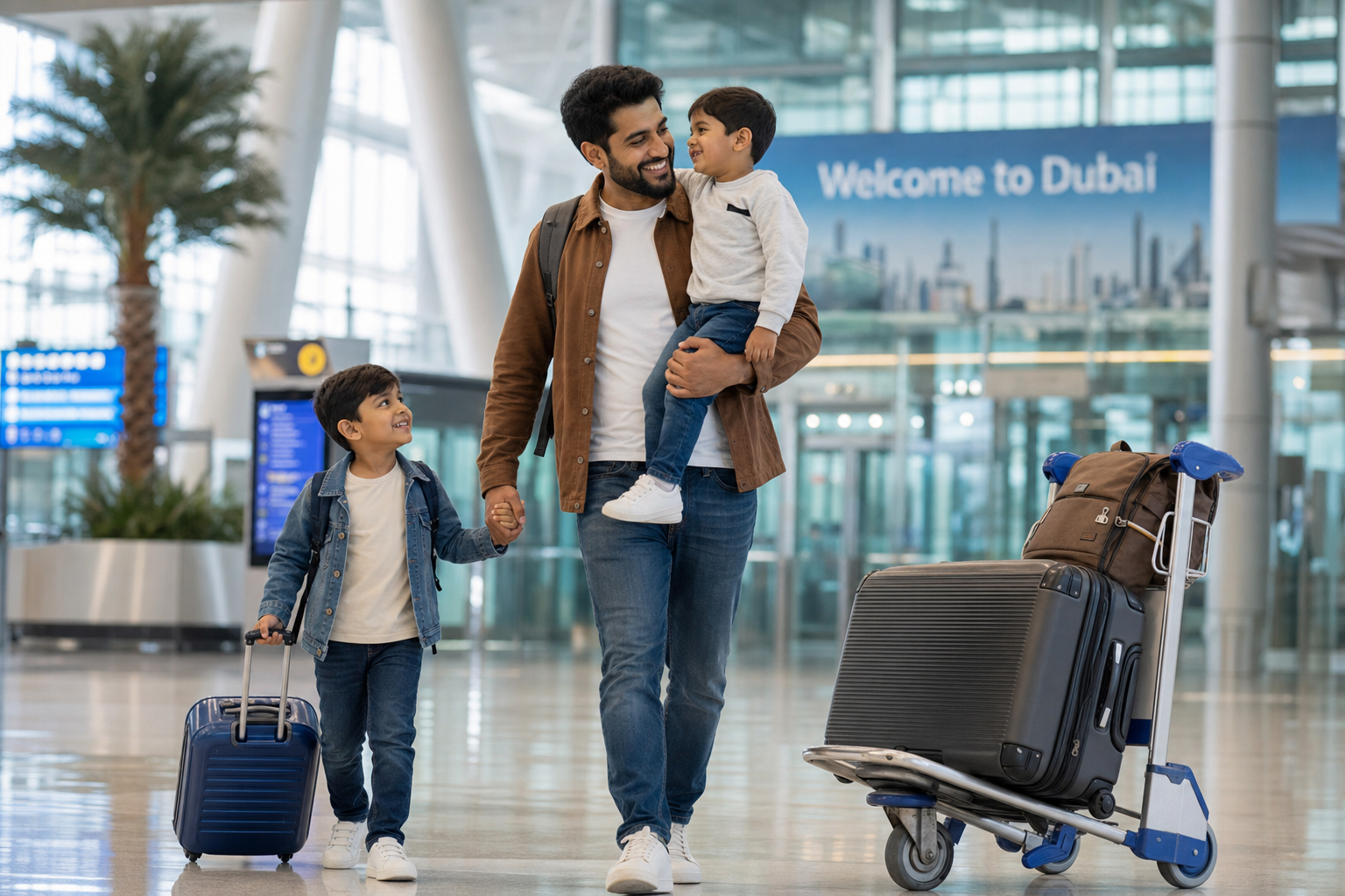 Indian father with his children arriving at Dubai airport in the UAE